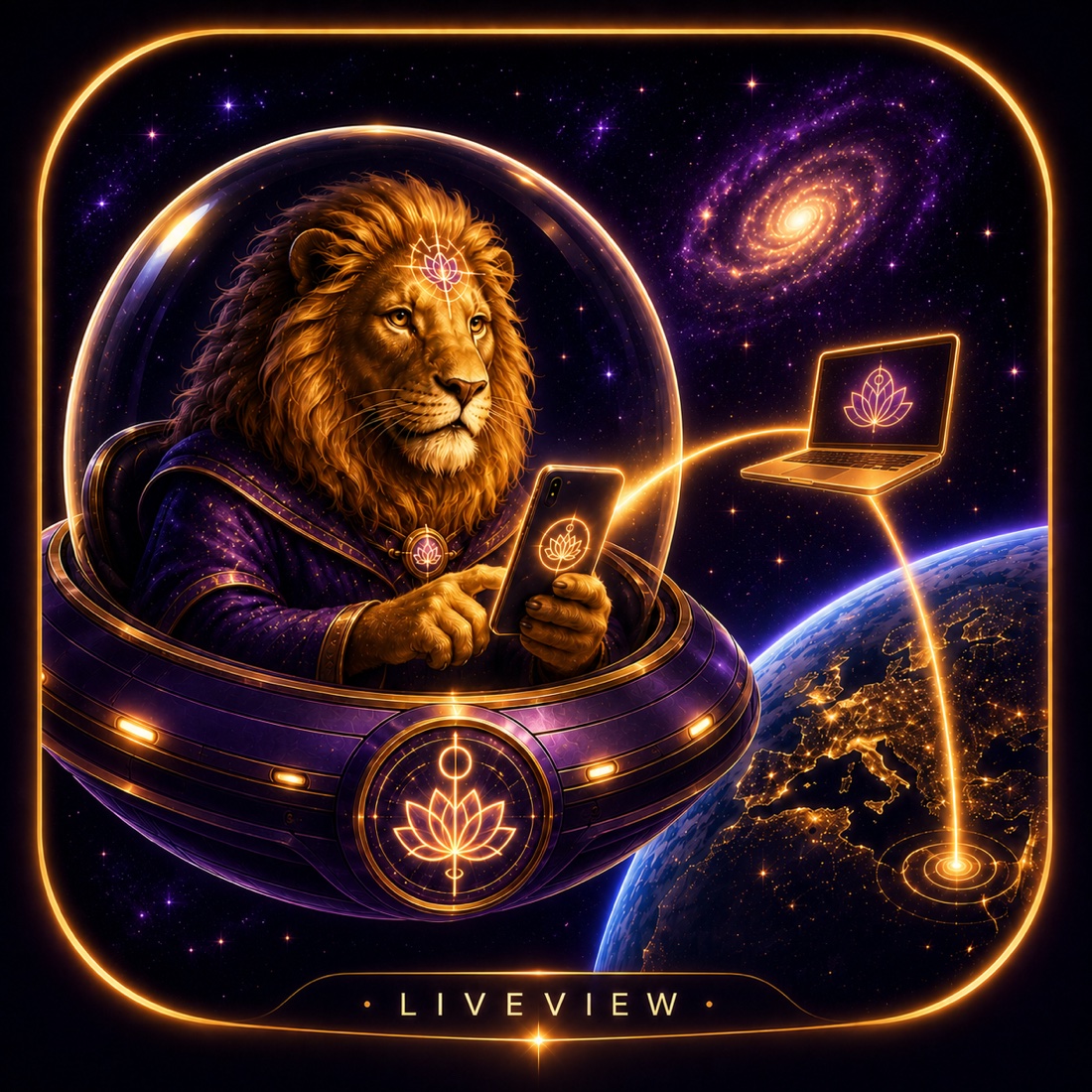 LiveView — the Sirian lion controlling the Mac from his phone, lotus on the MacBook